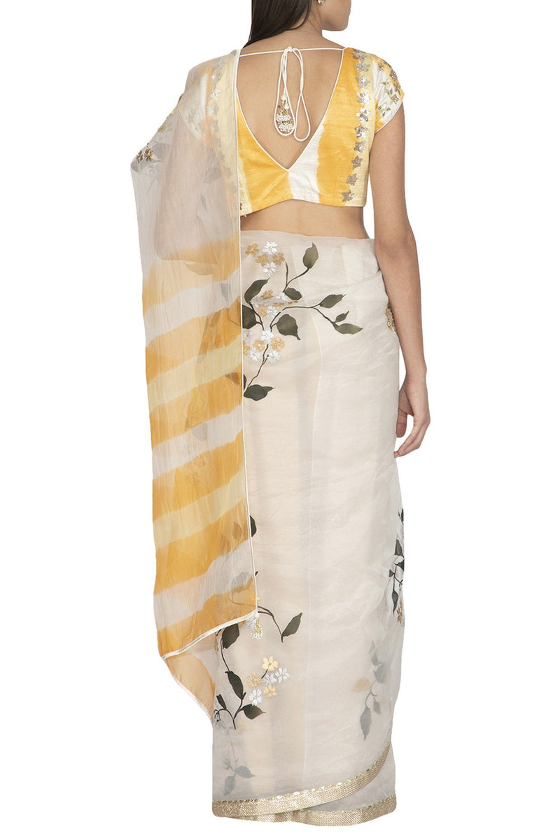 Ivory Hand Painted Saree with Yellow Tie & Dye Gajji Silk Blouse - devnaagri