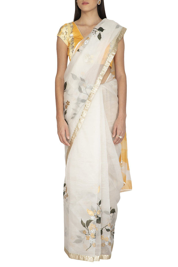 Ivory Hand Painted Saree with Yellow Tie & Dye Gajji Silk Blouse - devnaagri