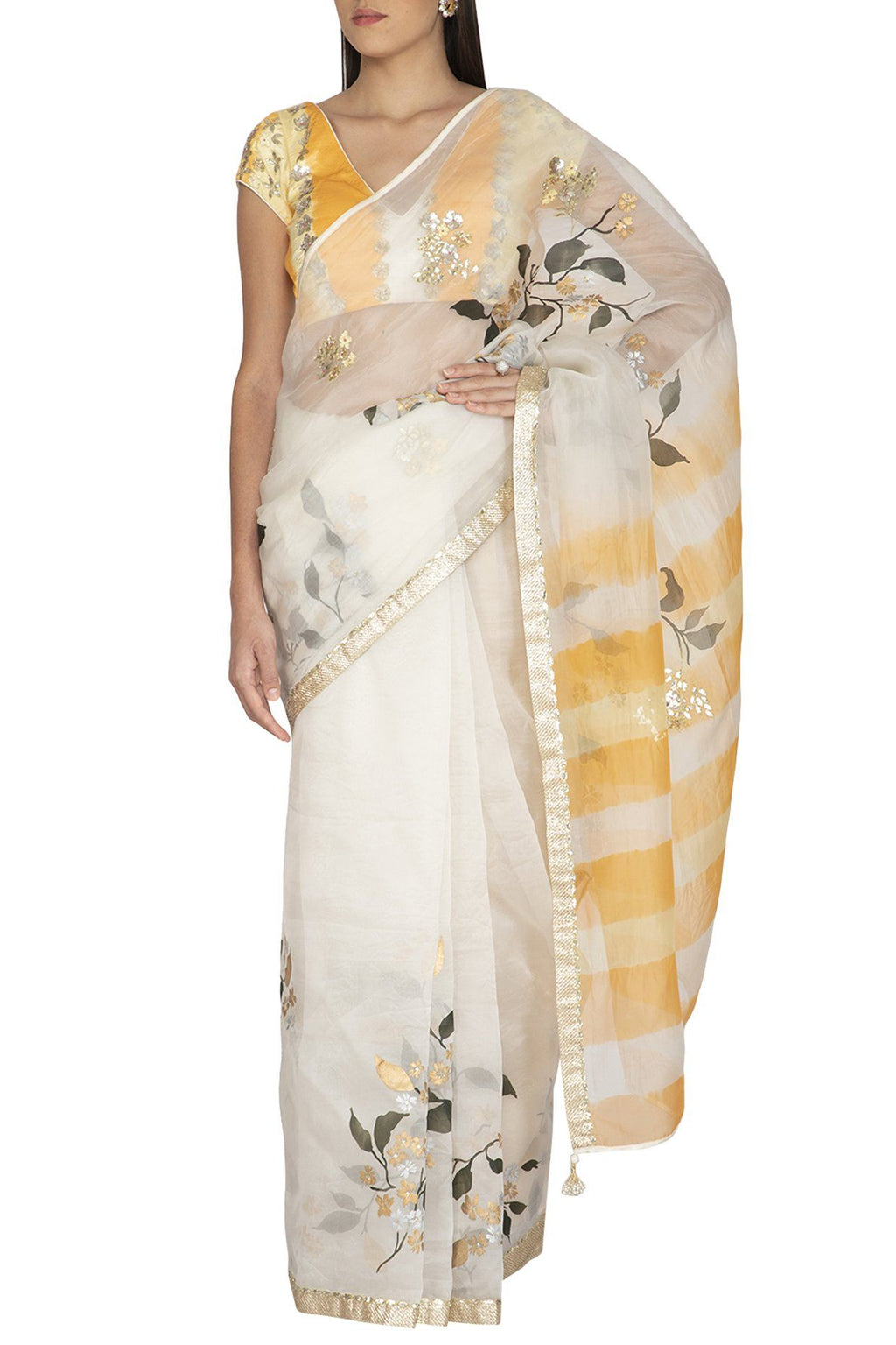Ivory Hand Painted Saree with Yellow Tie & Dye Gajji Silk Blouse - devnaagri