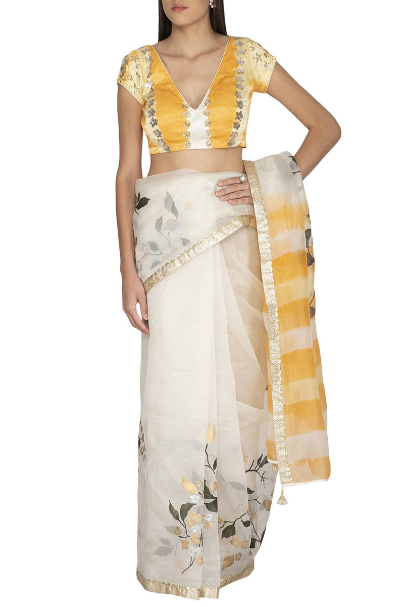 Ivory Hand Painted Saree with Yellow Tie & Dye Gajji Silk Blouse - devnaagri