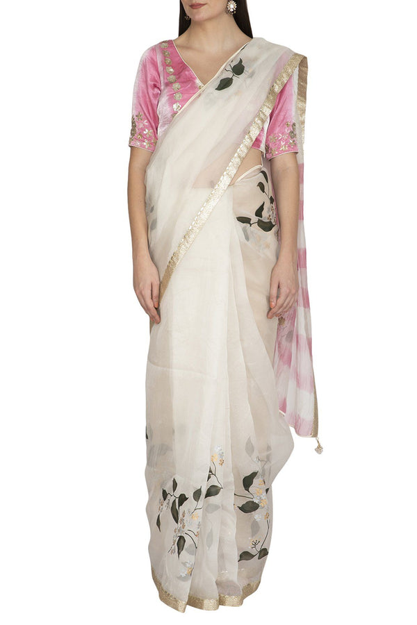 Ivory Pink Hand Painted Saree with Tie & Dye Blouse - devnaagri