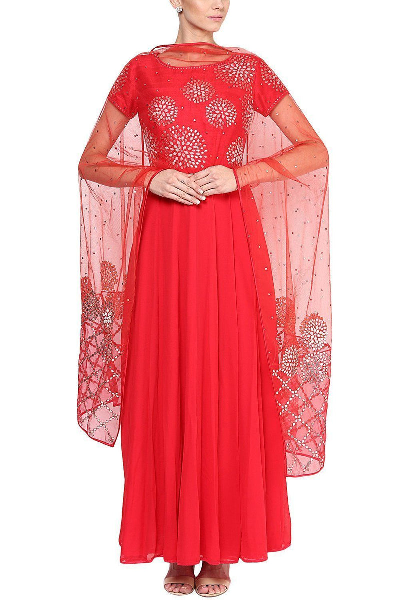 Red Gota Patti and Pearl Embroidered Anarkali Set - devnaagri