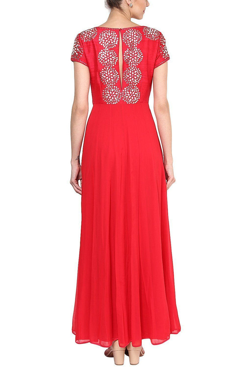 Red Gota Patti and Pearl Embroidered Anarkali Set - devnaagri
