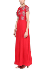 Red Gota Patti and Pearl Embroidered Anarkali Set - devnaagri