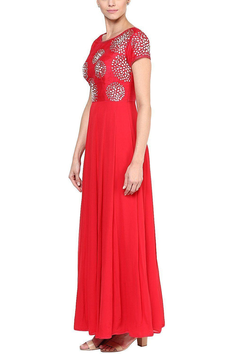 Red Gota Patti and Pearl Embroidered Anarkali Set - devnaagri