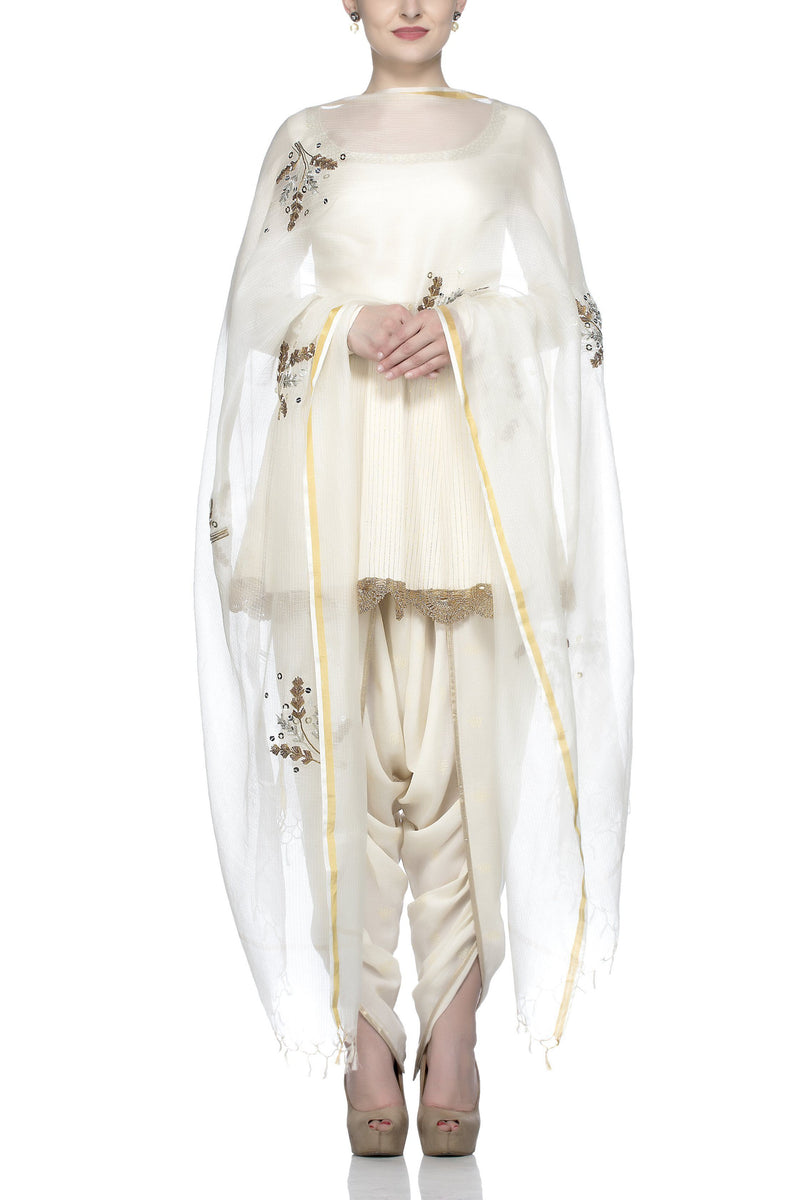 Off White Kurta with Dhoti Pants Set - devnaagri