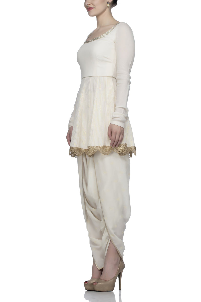 Off White Kurta with Dhoti Pants Set - devnaagri
