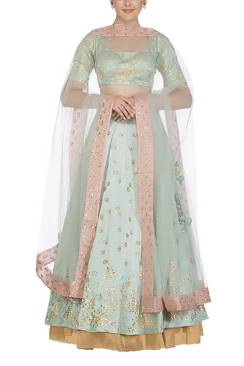 Sage green Lehenga with Silk Blouse - devnaagri
