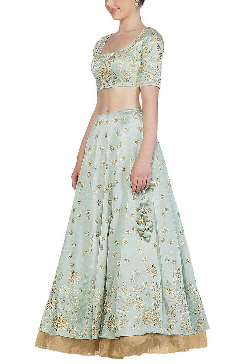 Sage green Lehenga with Silk Blouse - devnaagri