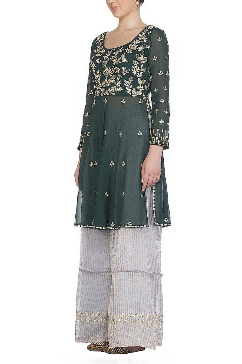 Emerald Green Kurta with Flared Pants - devnaagri