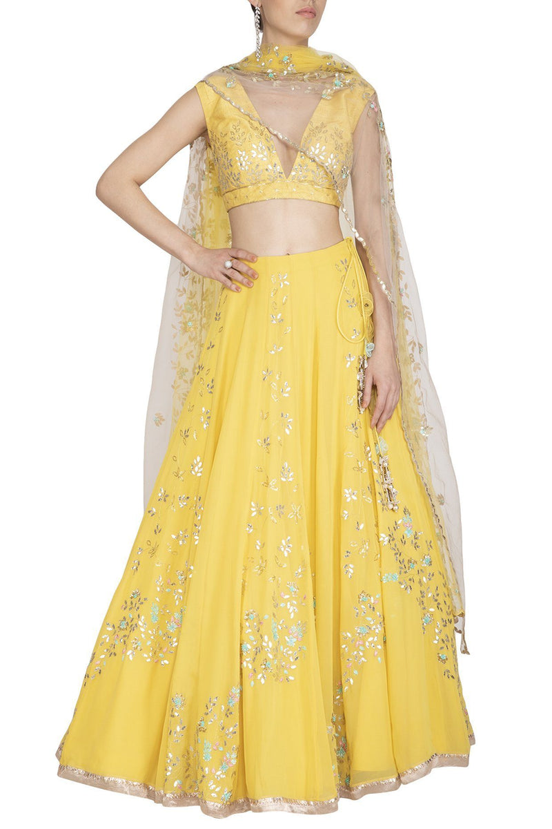 Lemon Georgette Lehenga with Raw Silk Blouse - devnaagri