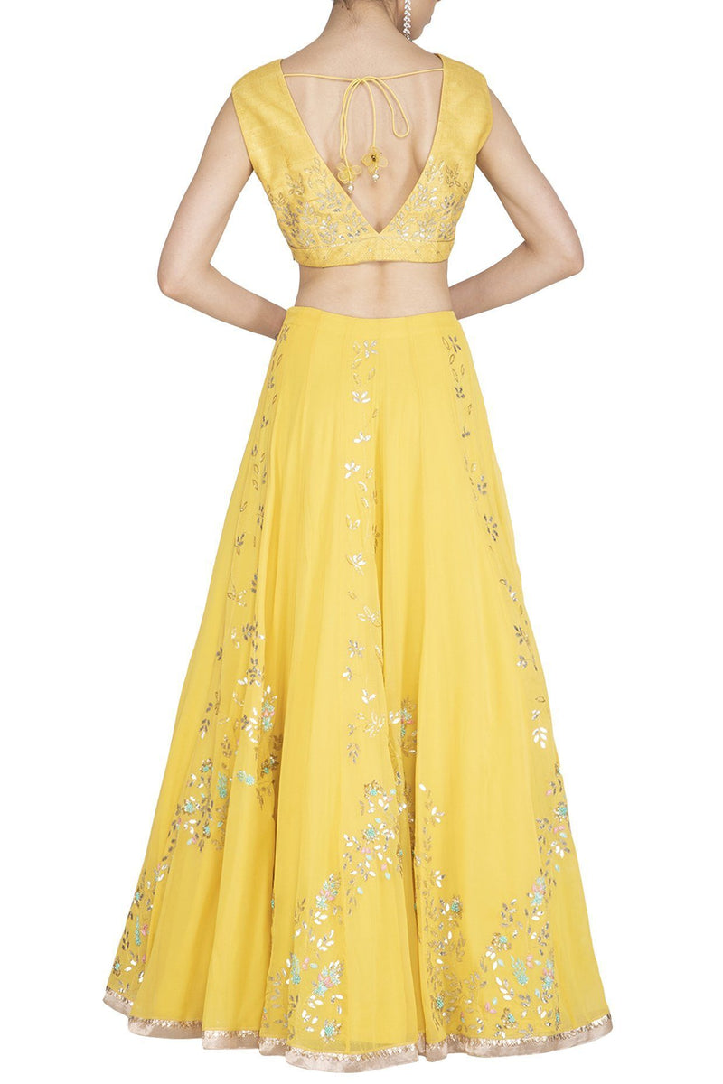 Lemon Georgette Lehenga with Raw Silk Blouse - devnaagri