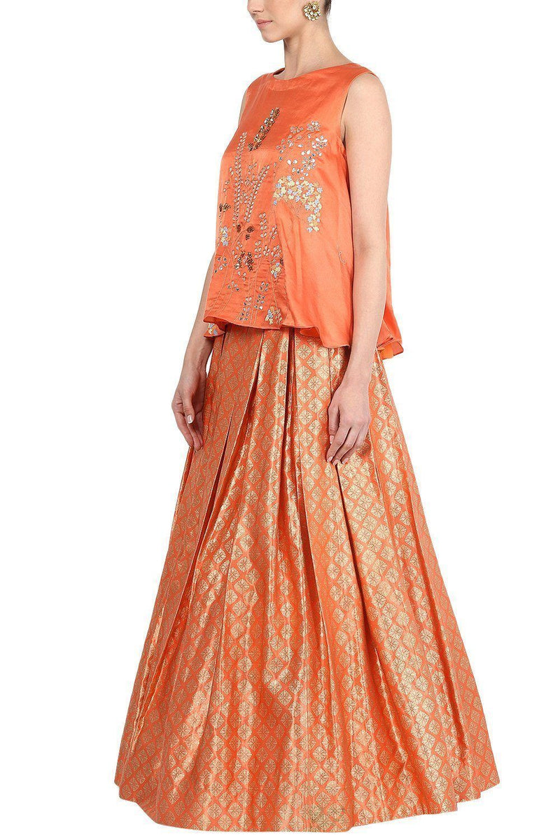 Orange Skirt with Embroidered Top - devnaagri