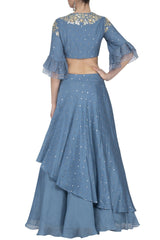 Blue Layered Lehenga with Mul Mukaish Blouse - devnaagri