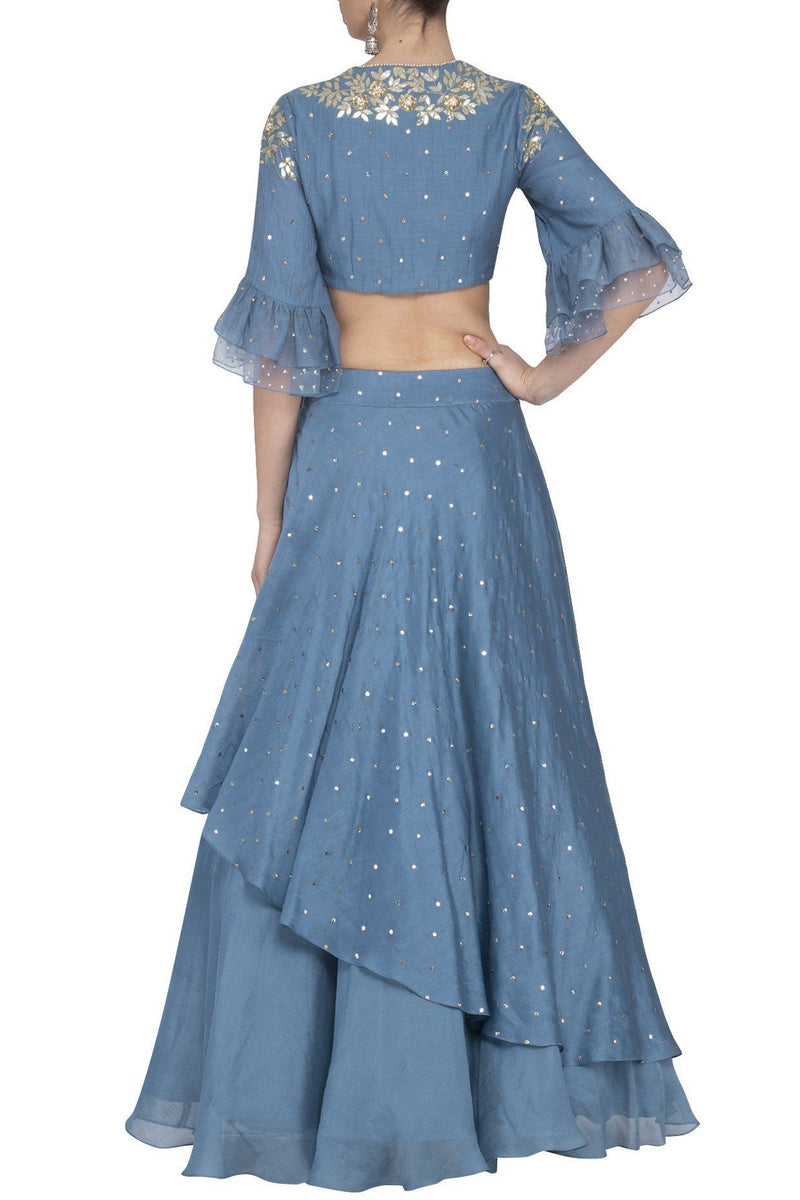 Blue Layered Lehenga with Mul Mukaish Blouse - devnaagri