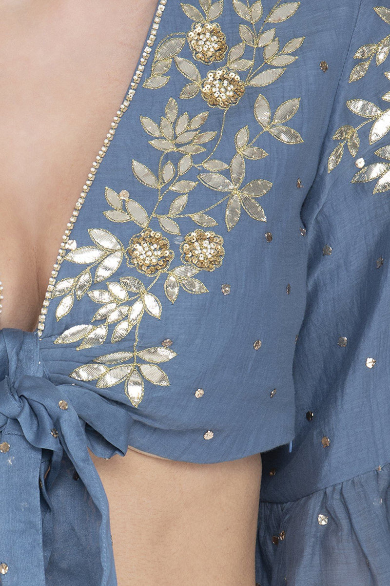 Blue Layered Lehenga with Mul Mukaish Blouse - devnaagri