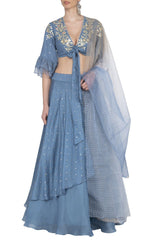 Blue Layered Lehenga with Mul Mukaish Blouse - devnaagri