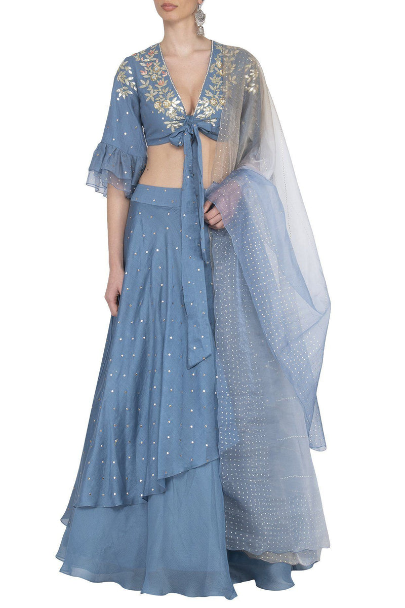 Blue Layered Lehenga with Mul Mukaish Blouse - devnaagri