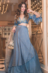Natasha Luthra In Blue Layered Lehenga with Mul Mukaish Blouse