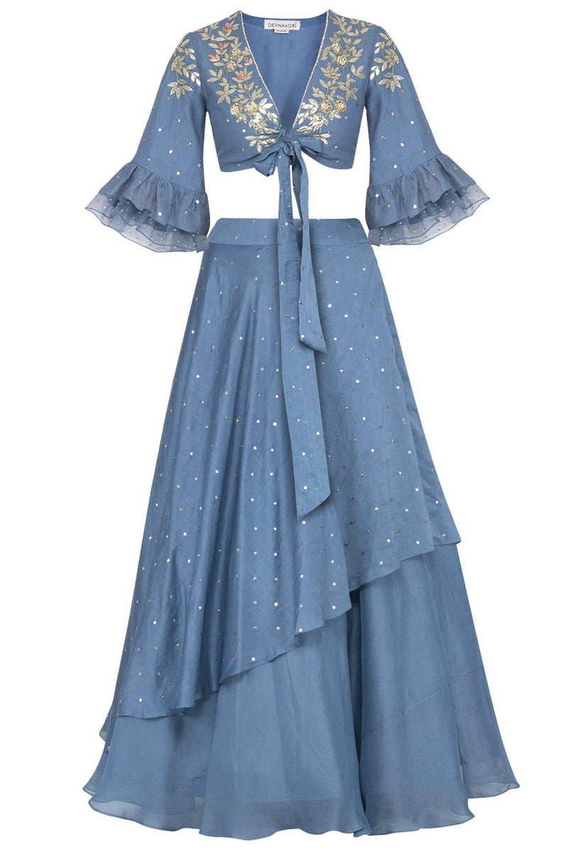 Blue Layered Lehenga with Mul Mukaish Blouse - devnaagri