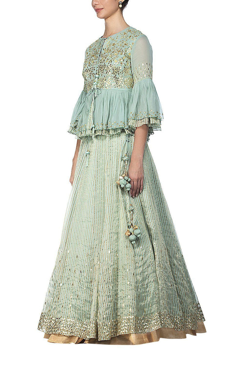 Sage Green Lehenga with Layered Peplum - devnaagri