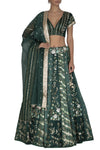 Green Panelled Gajji Lehenga with Self Gajji Blouse - devnaagri