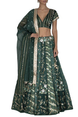 Green Panelled Gajji Lehenga with Self Gajji Blouse - devnaagri
