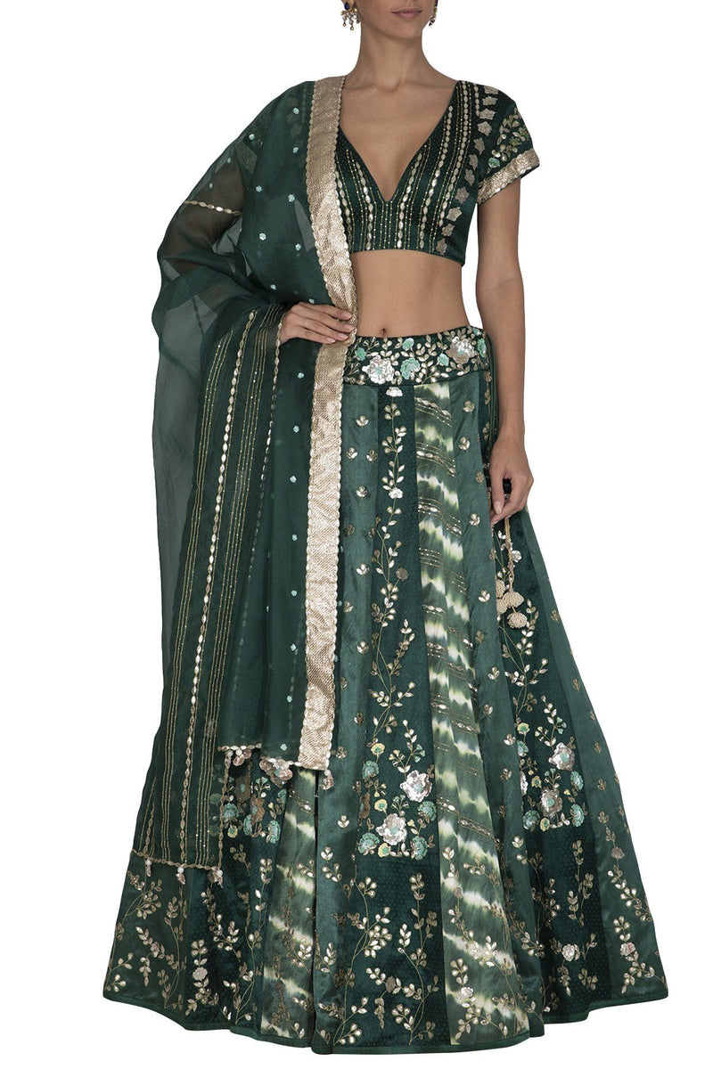 Green Panelled Gajji Lehenga with Self Gajji Blouse - devnaagri