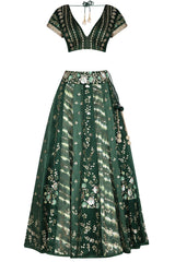 Green Panelled Gajji Lehenga with Self Gajji Blouse - devnaagri
