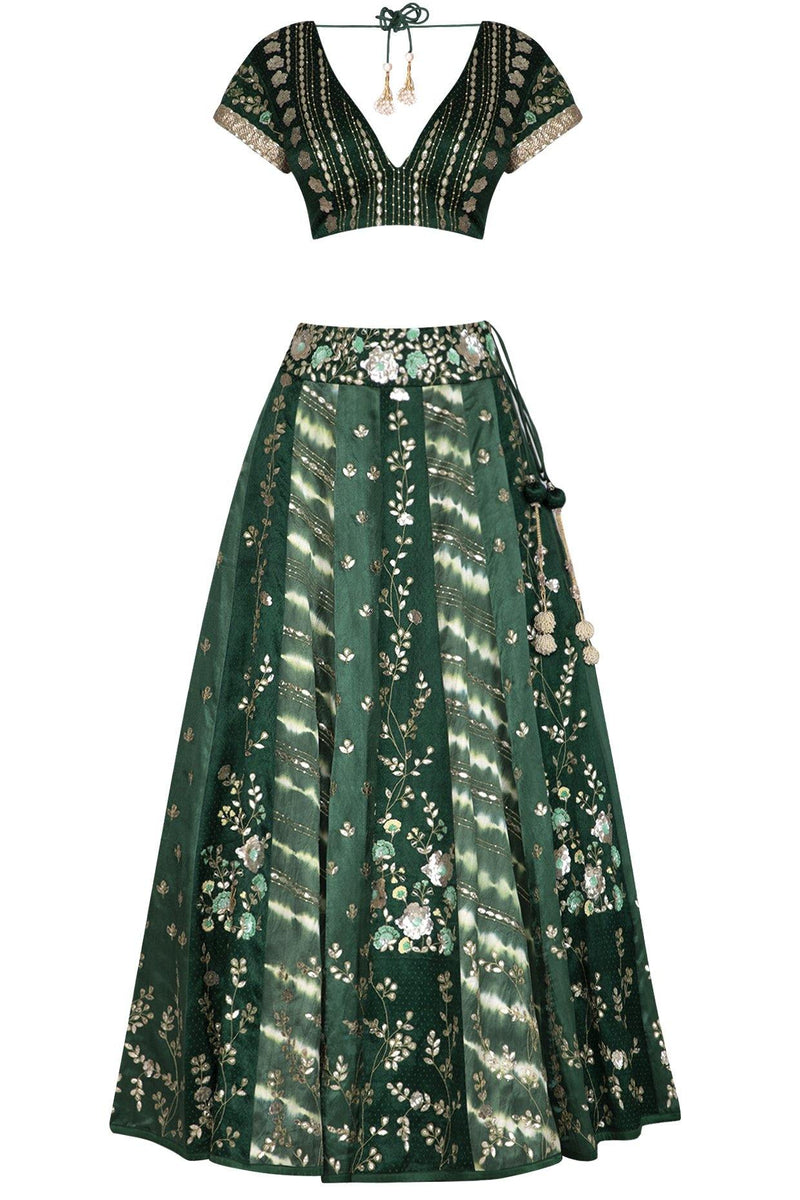 Green Panelled Gajji Lehenga with Self Gajji Blouse - devnaagri