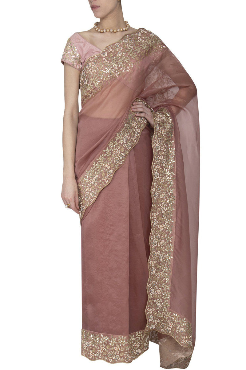 Burgundy Saree with Raw Silk Blouse - devnaagri