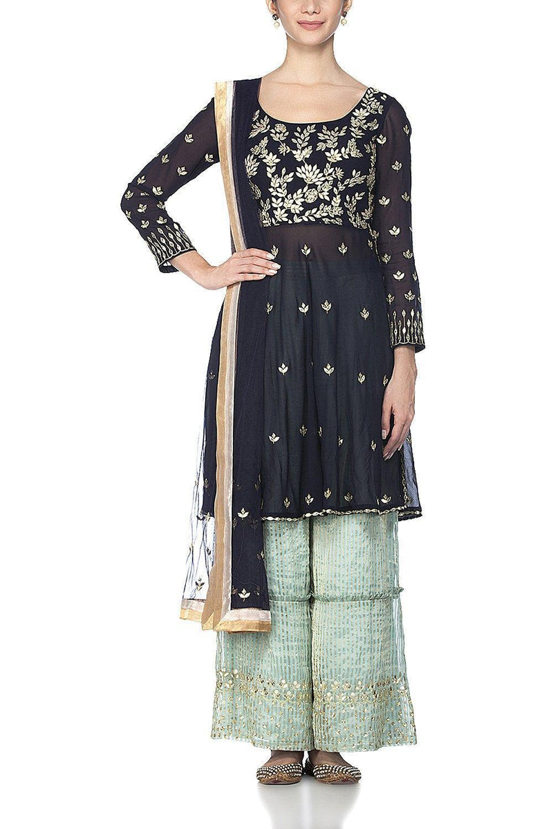 Navy Blue Kurta with Flared Pants - devnaagri