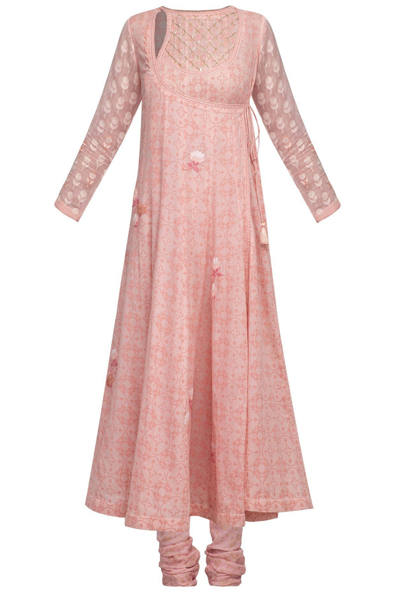 Pink Angrakha Kurta with Churidar - devnaagri