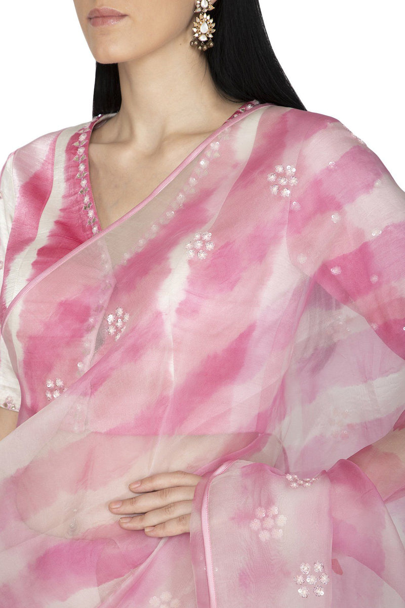 Pink Tie & Dye Organza Saree with Gajji Silk Blouse - devnaagri