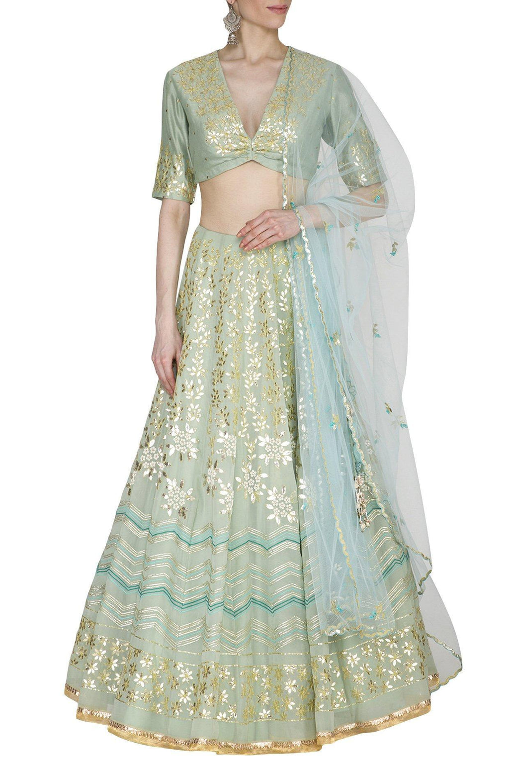 Pista Green Georgette Lehenga with Mul Mukaish Blouse - devnaagri