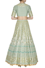 Pista Green Georgette Lehenga with Mul Mukaish Blouse - devnaagri