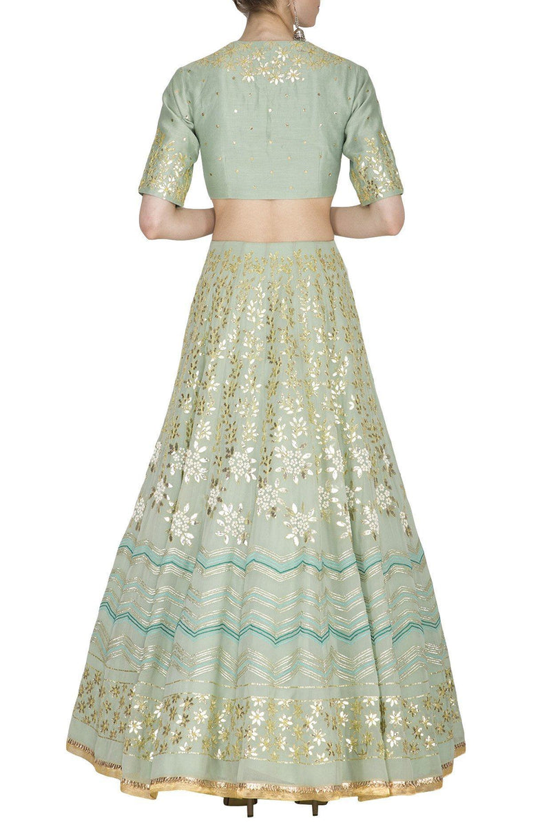 Pista Green Georgette Lehenga with Mul Mukaish Blouse - devnaagri