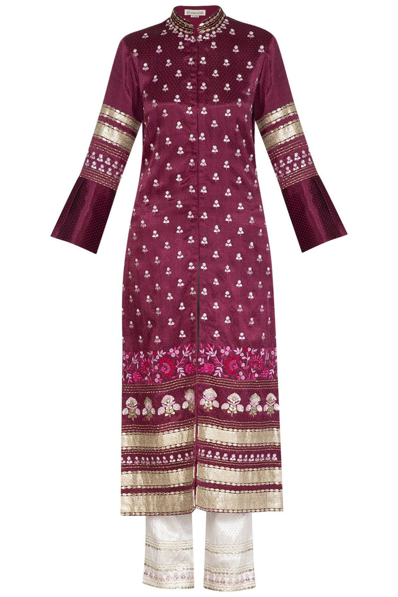 Red Plum Jacket with Ivory Pants - devnaagri