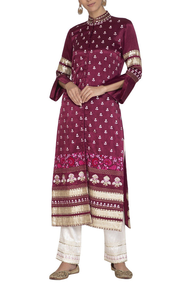 Red Plum Jacket with Ivory Pants - devnaagri
