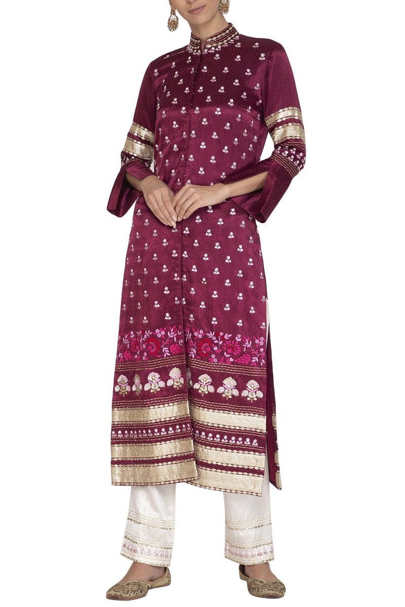 Red Plum Jacket with Ivory Pants - devnaagri