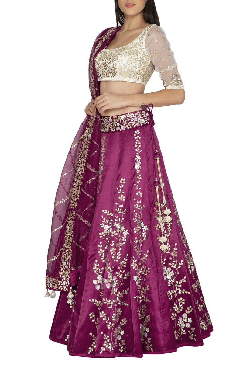 Red Plum Lehenga & Dupatta with Ivory Blouse - devnaagri