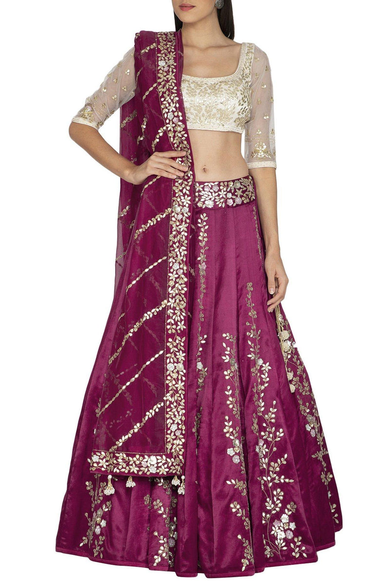 Red Plum Lehenga & Dupatta with Ivory Blouse - devnaagri