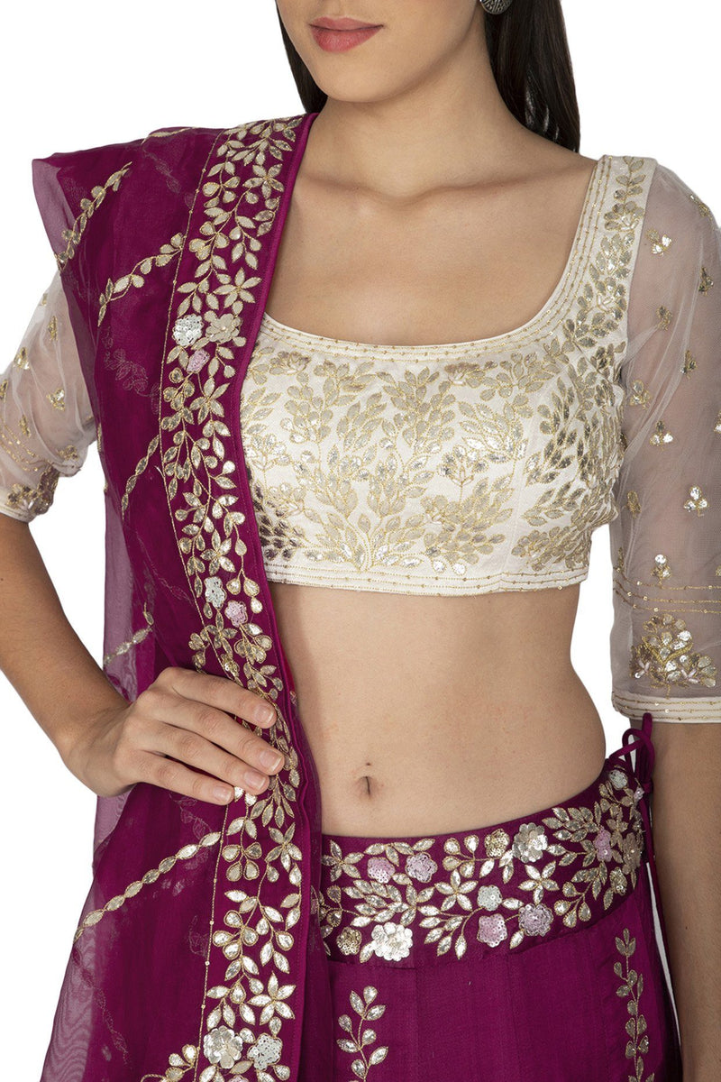Red Plum Lehenga & Dupatta with Ivory Blouse - devnaagri