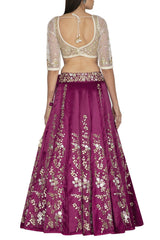 Red Plum Lehenga & Dupatta with Ivory Blouse - devnaagri