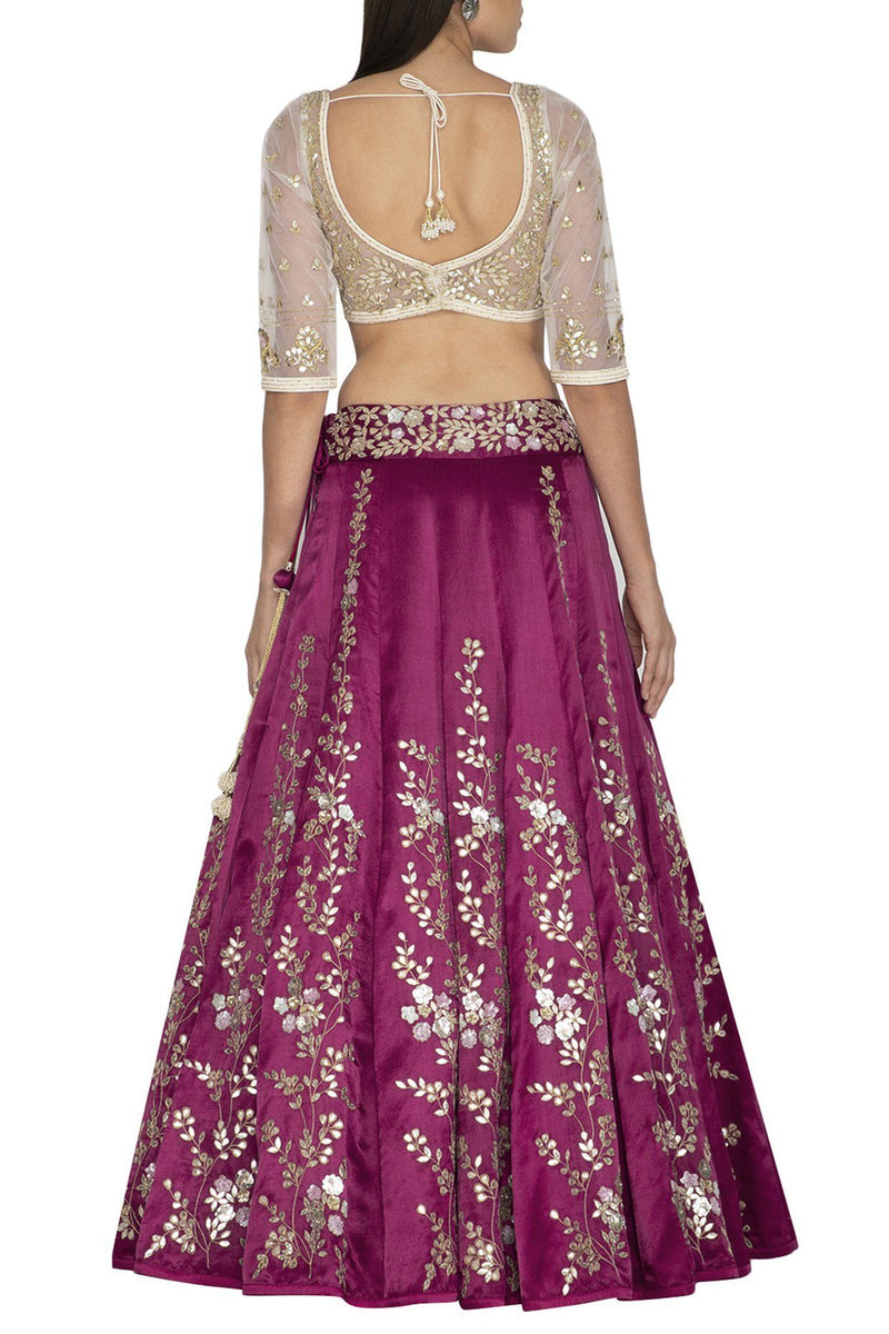 Red Plum Lehenga & Dupatta with Ivory Blouse - devnaagri