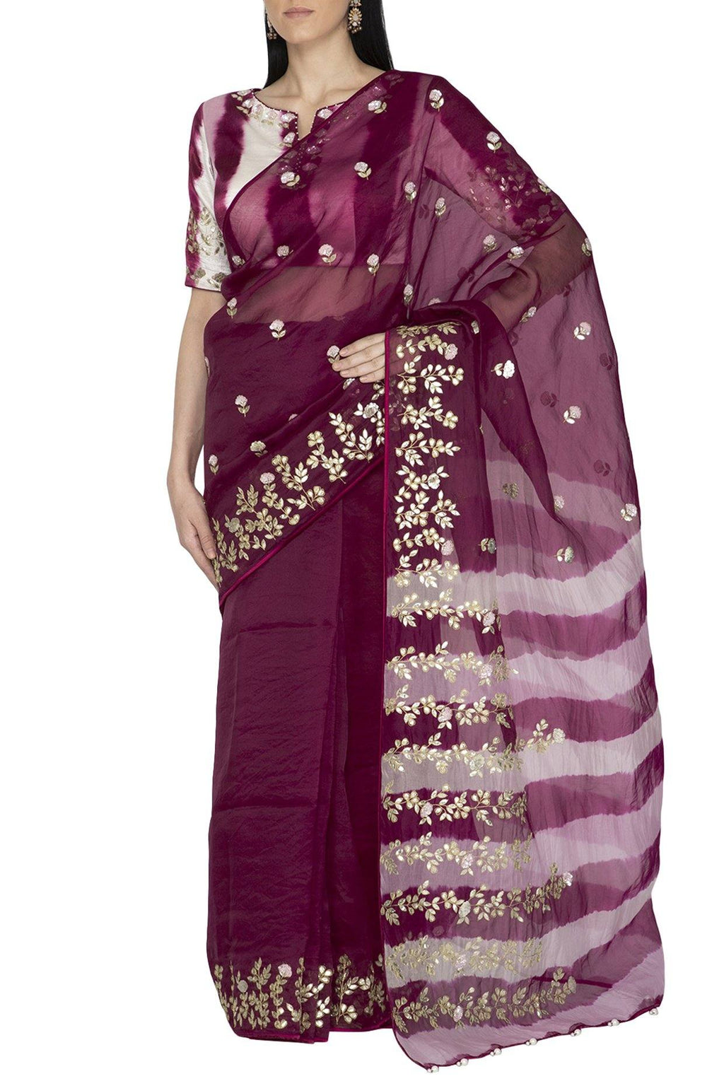 Red Plum Organza Saree with Tie & Dye pallu and Silk Blouse - devnaagri