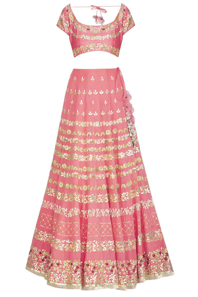 Rose Pink Organza Lehenga with Raw Silk Blouse - devnaagri