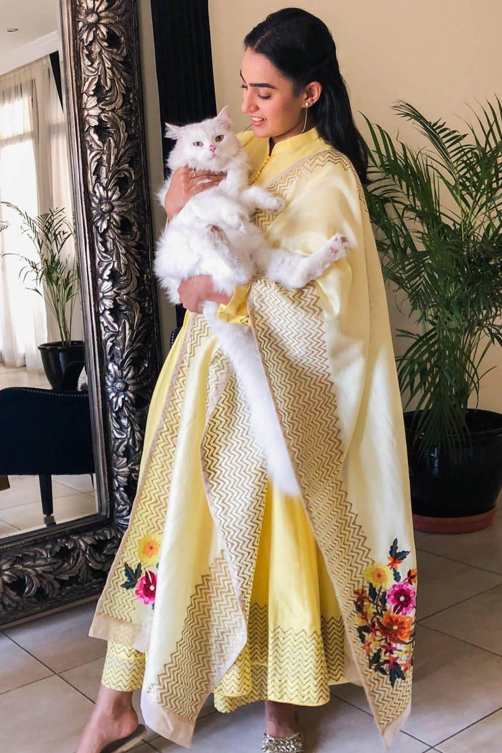 Sadaf J Khan In Yellow Embroidered Anarkali Set with Pallazo Pants Set