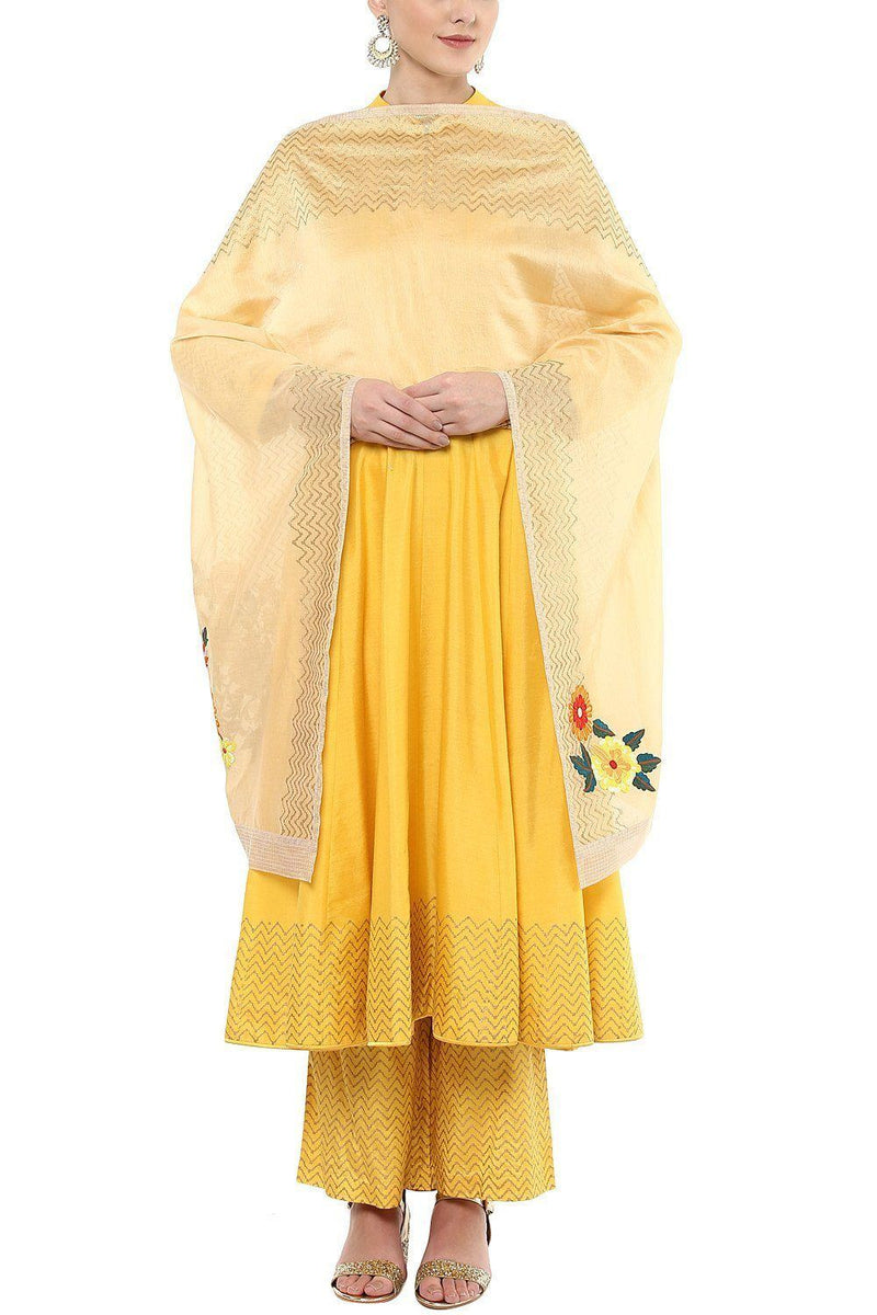 Yellow Embroidered Anarkali Set with Pallazo Pants Set - devnaagri