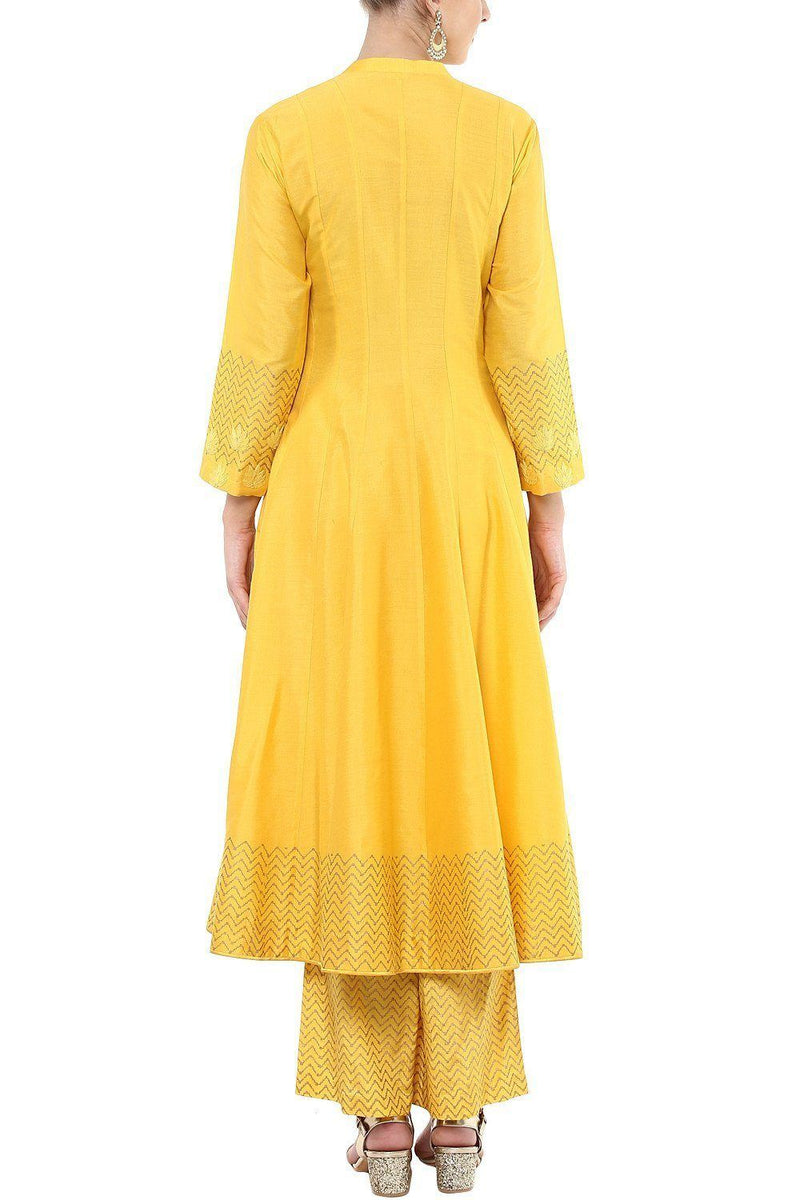 Yellow Embroidered Anarkali Set with Pallazo Pants Set - devnaagri